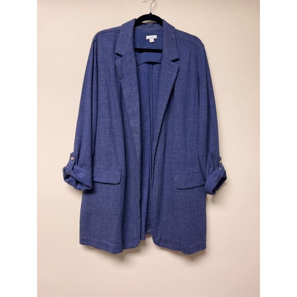 J. JILL Denim Blue Slat Open Front Oversized Roll Tab Sleeve Blazer, Sz L - Picture 2 of 9